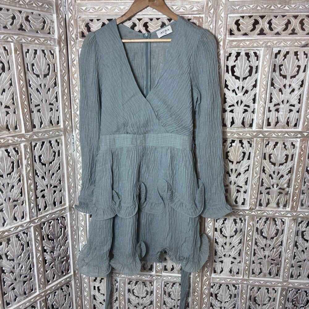 Aura Chiffon Seafoam Green Ruffled Tiered Wrap Bodice Dress Boho SIZE M